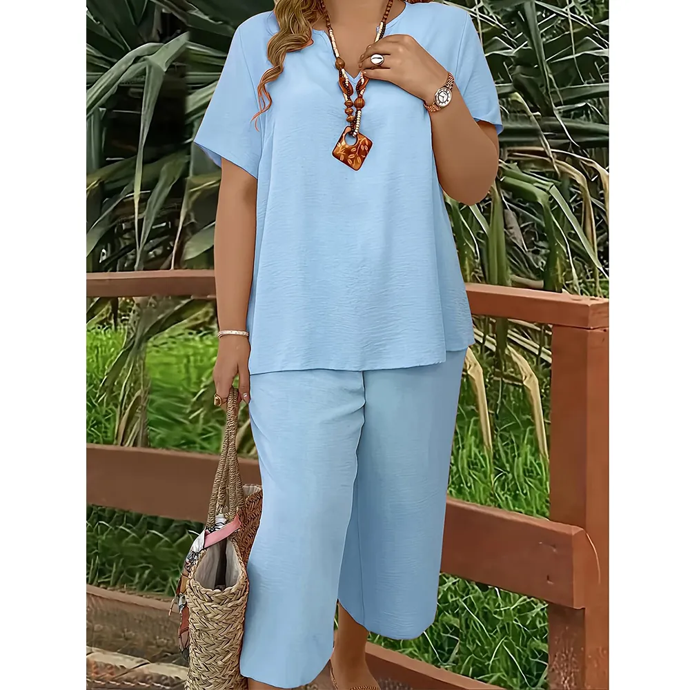 Women's Solid Short Sleeve Top & Loose Wide Leg Pants 2-Piece Set