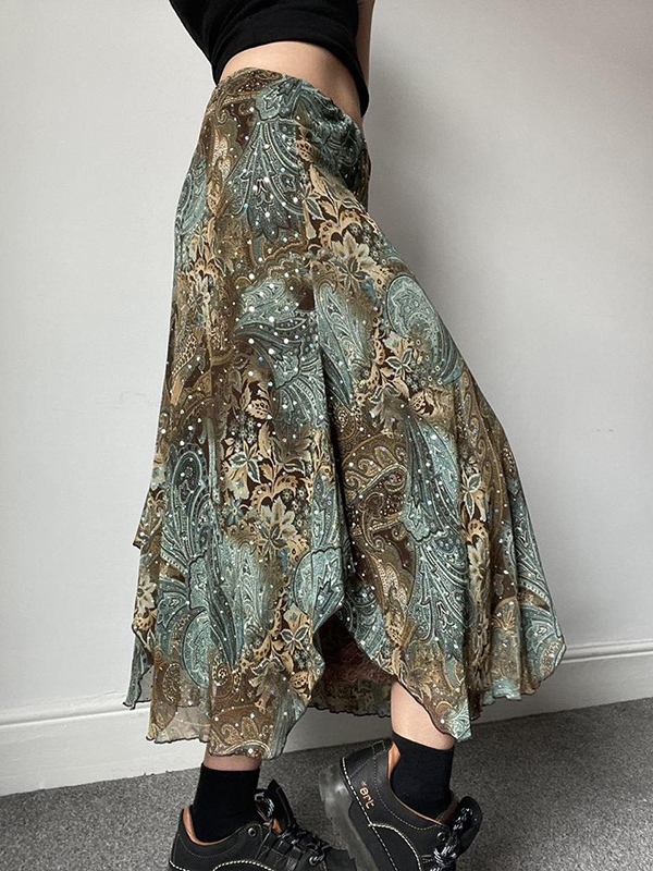 Printed Low Waist Irregular Skirt In Green