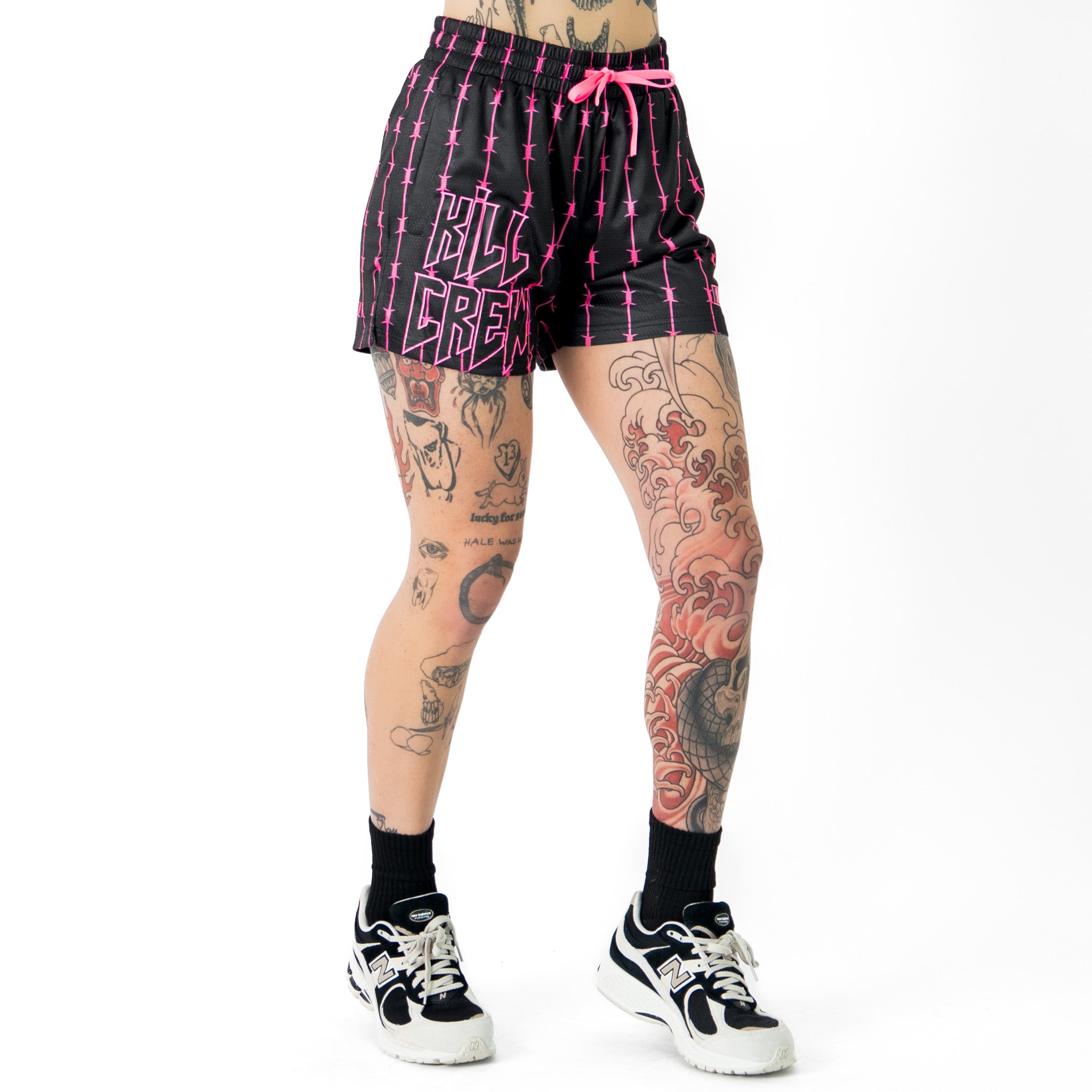 BARBWIRE MUAY THAI SHORTS (MID THIGH CUT) - BLACK / PINK