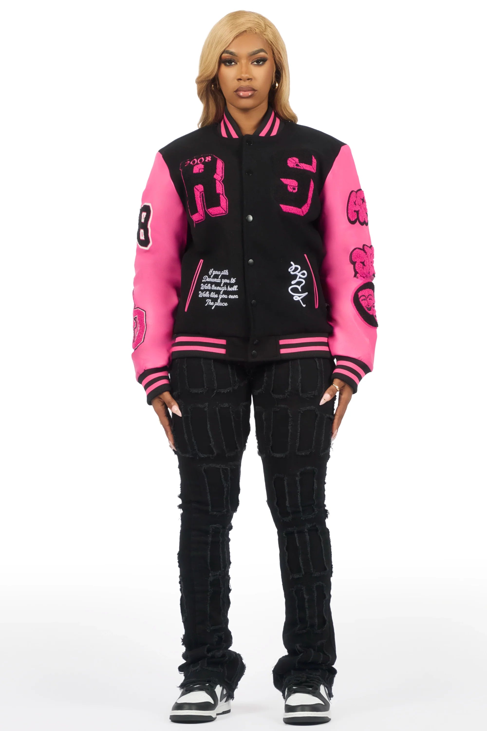 Leslee Black/Pink Oversized Varsity Jacket