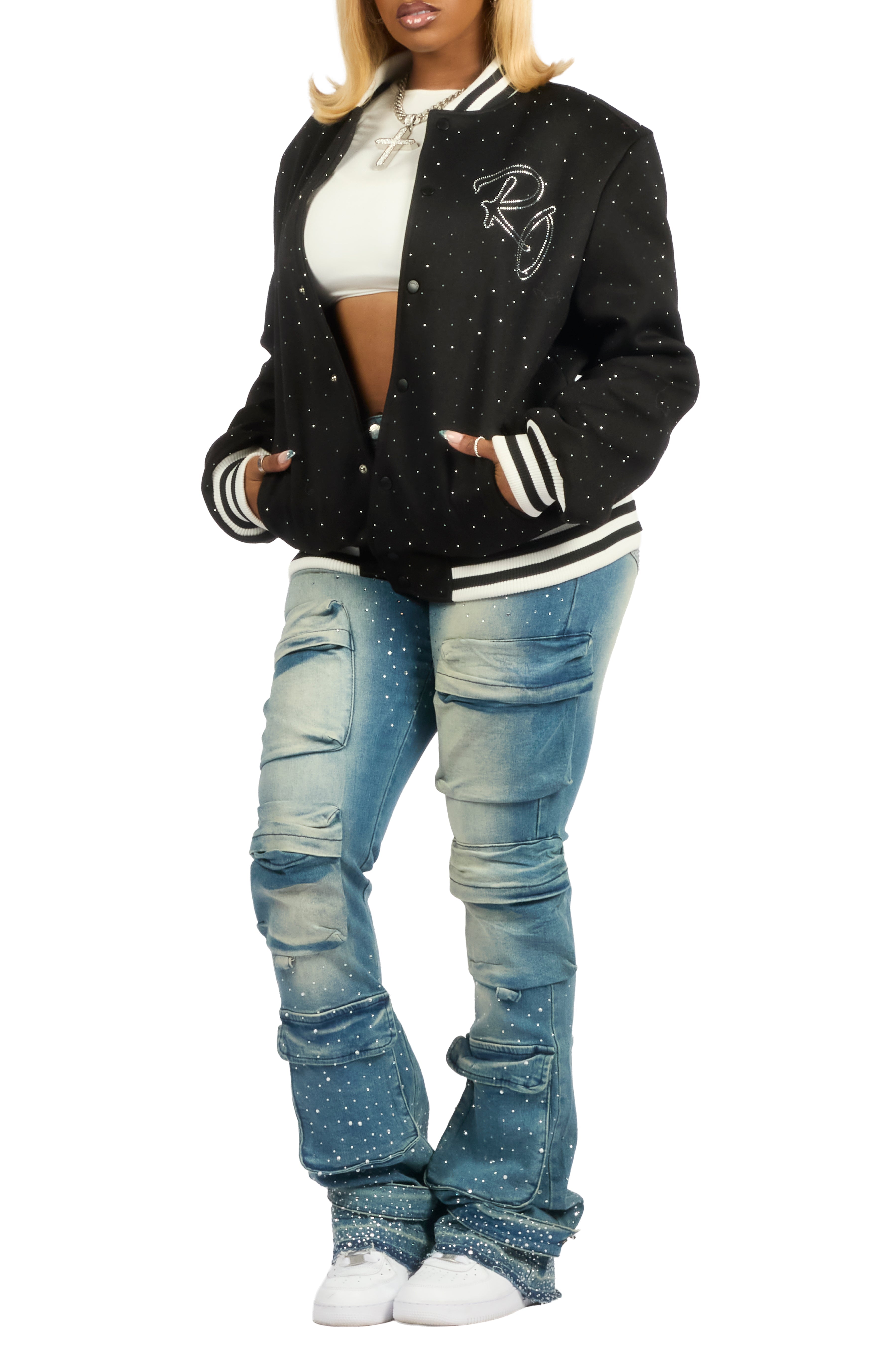 Alonza Black Rhinestone Varsity Jacket