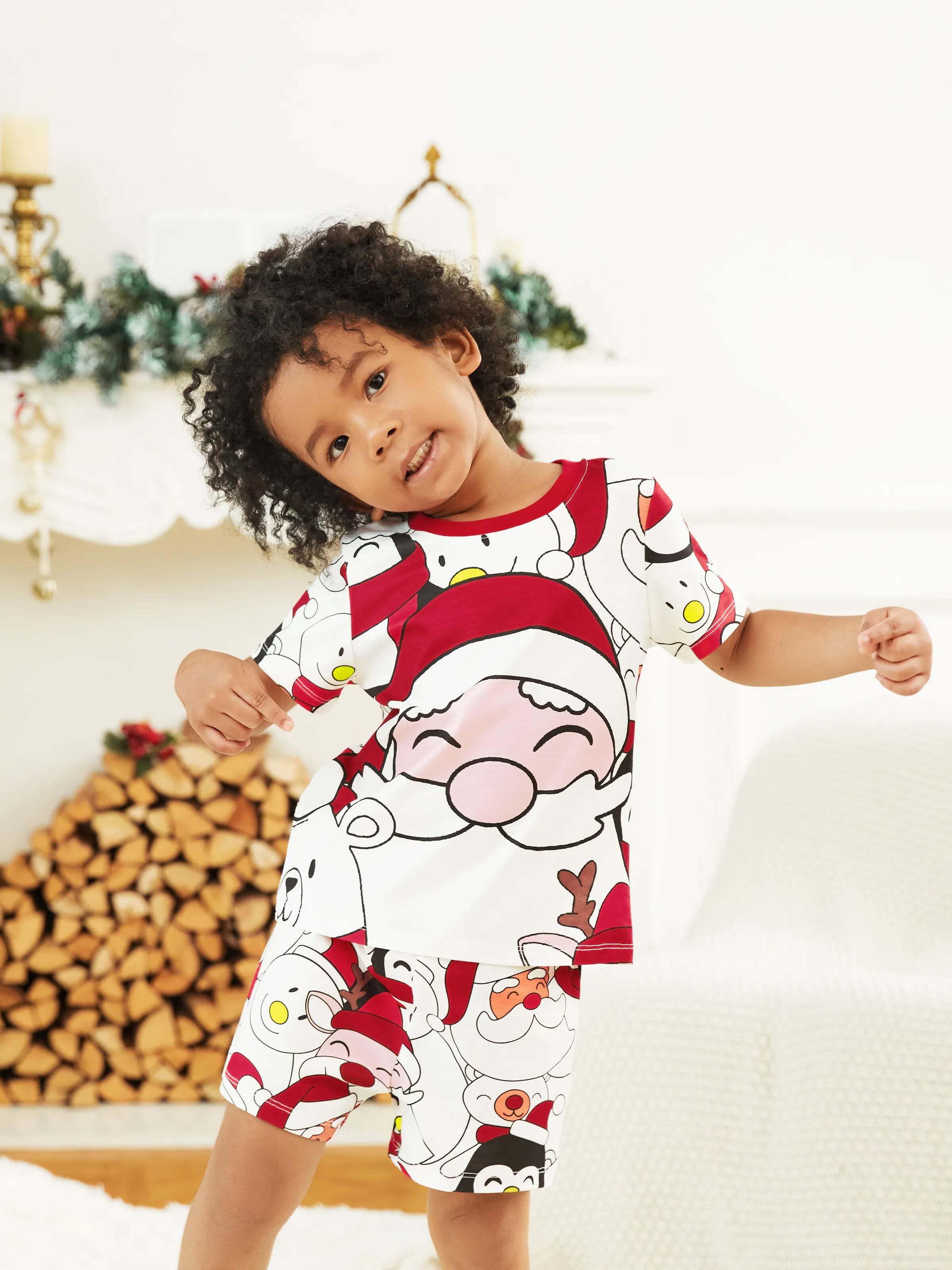 Christmas Santa and Snowman Print Family Matching Short-sleeve Tops and Shorts Pajamas Sets White