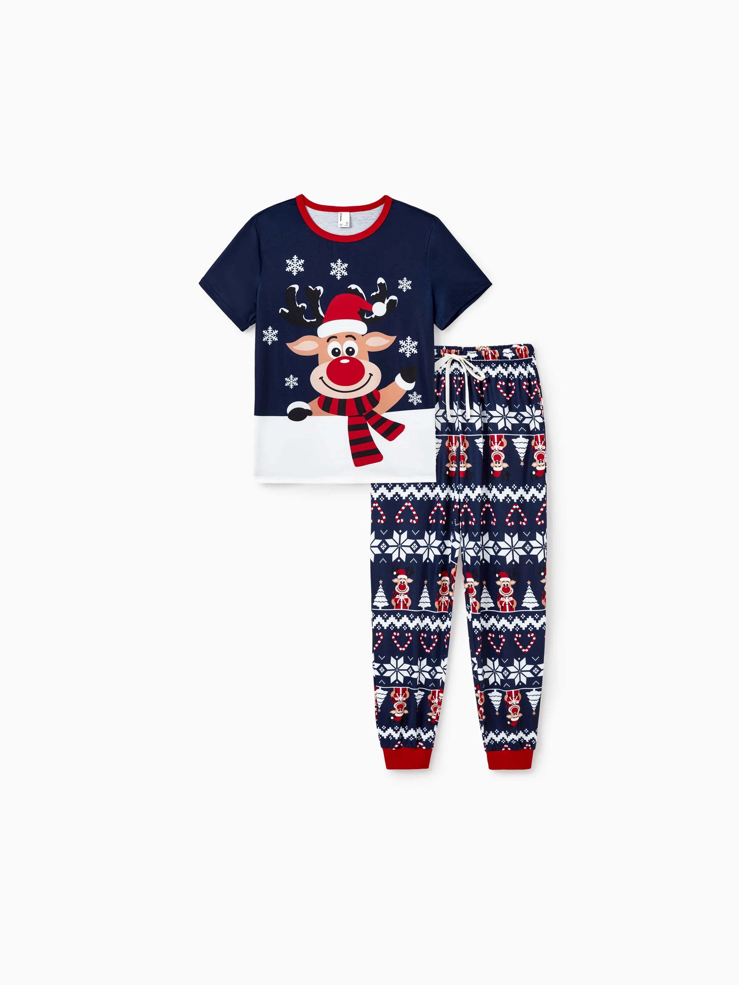 Christmas Matching Family Pajamas Set Reindeer and Snowflake Print PJS Deep Blue