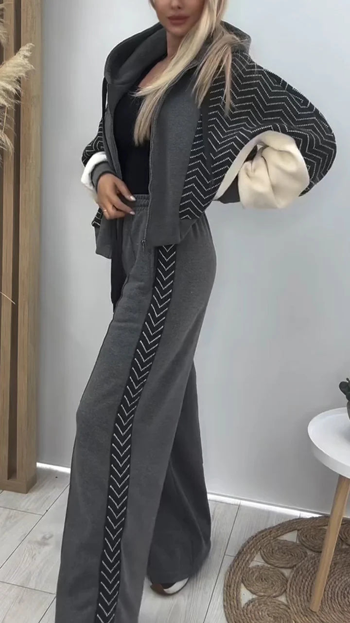 Women Hooded Spliced Jacket + Pants Casual Set