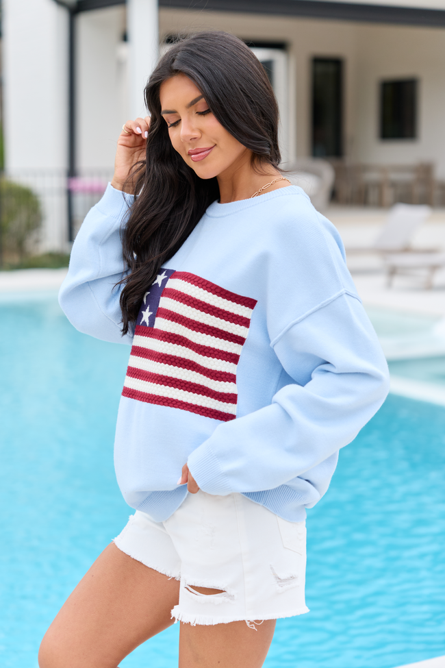 Home Of The Free Light Blue Textured Flag Sweater