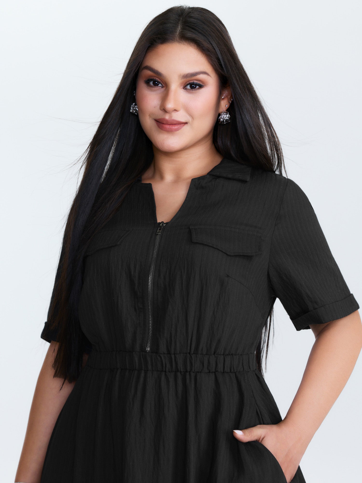 Zipper Front Collar Plain Midi Dress