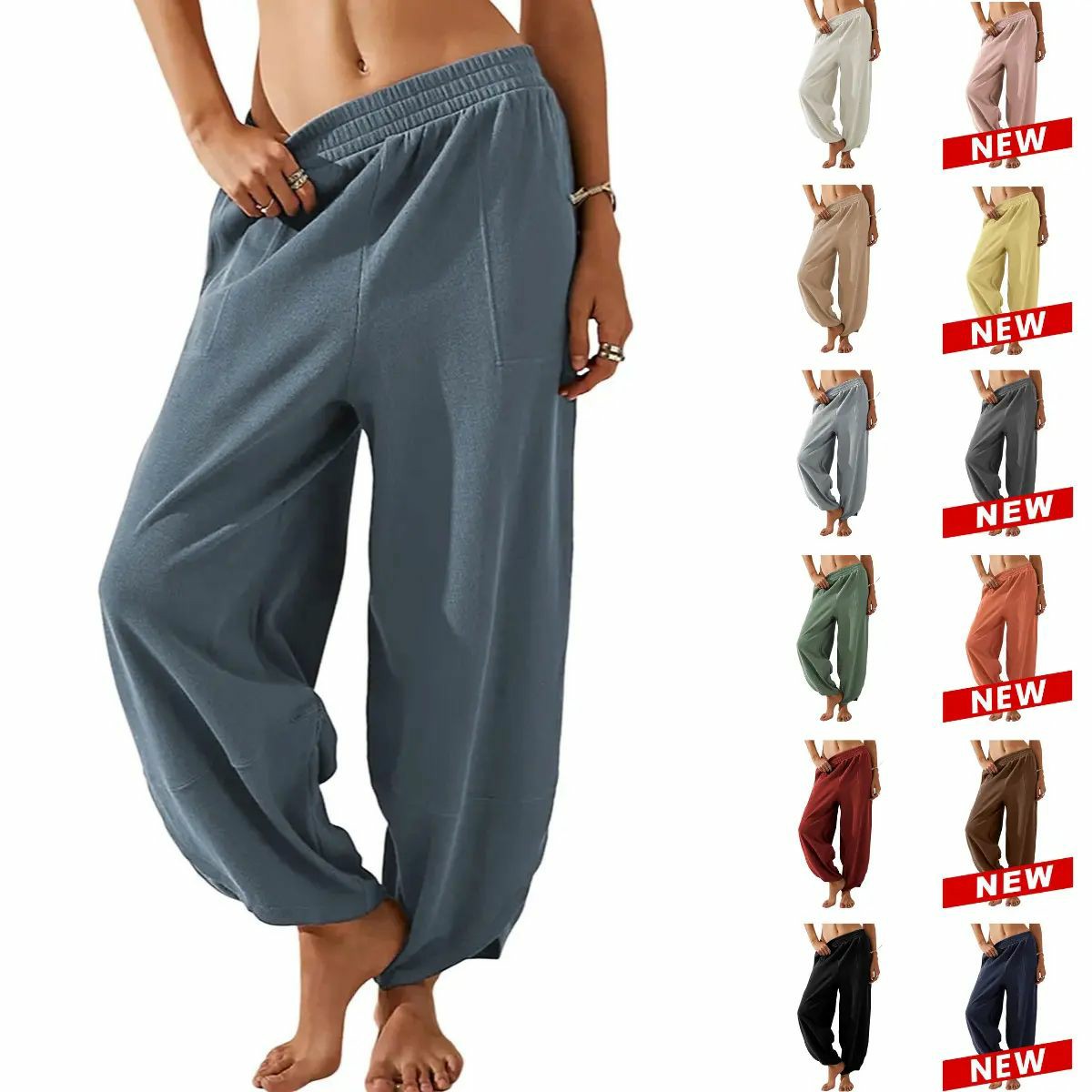 Women's Baggy Wideleg Pants Casual Elastic Waisted Palazzo Harem Pants with Pockets