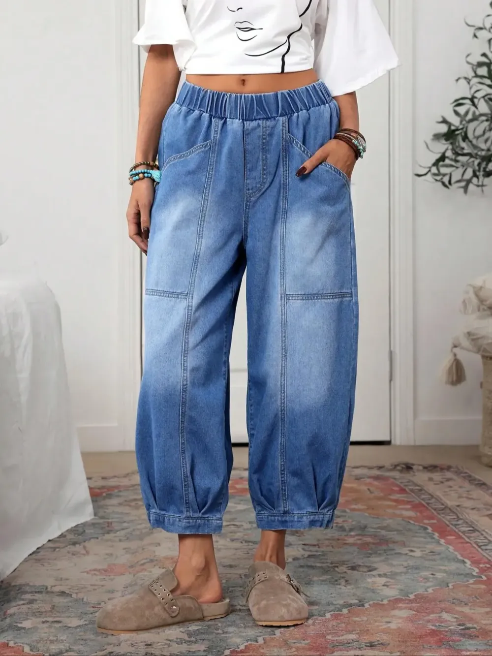 Women's Plaid Loose-Fit Woven Denim Jeans, Casual All-Seasons Comfortable Design