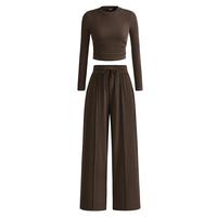 2-Piece Ribbed Knit Long Sleeve Crop Top Wide Leg Pants Matching Lounge Set Loungewear