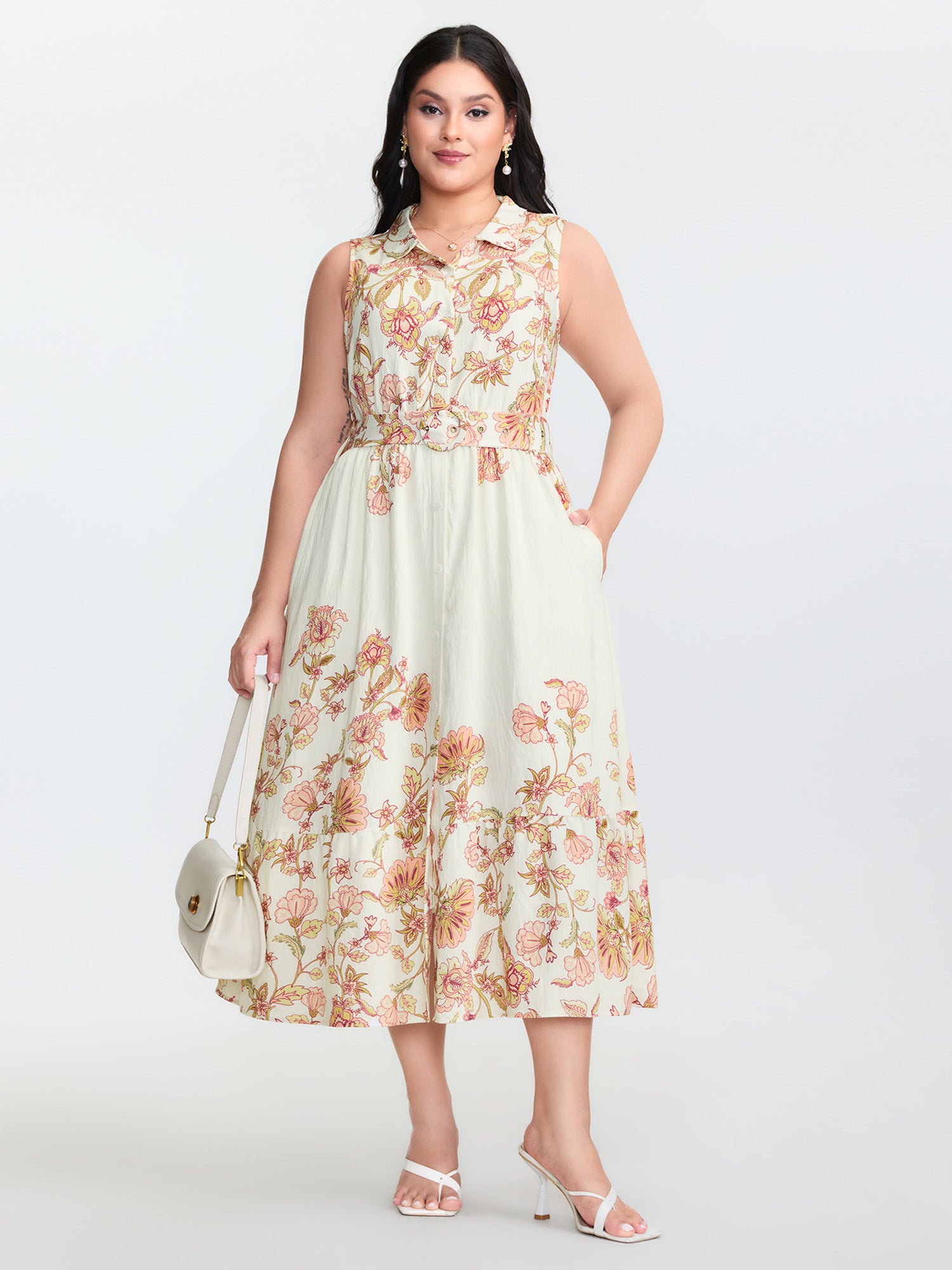 Soft Floral Print Collar Slit Midi Dress