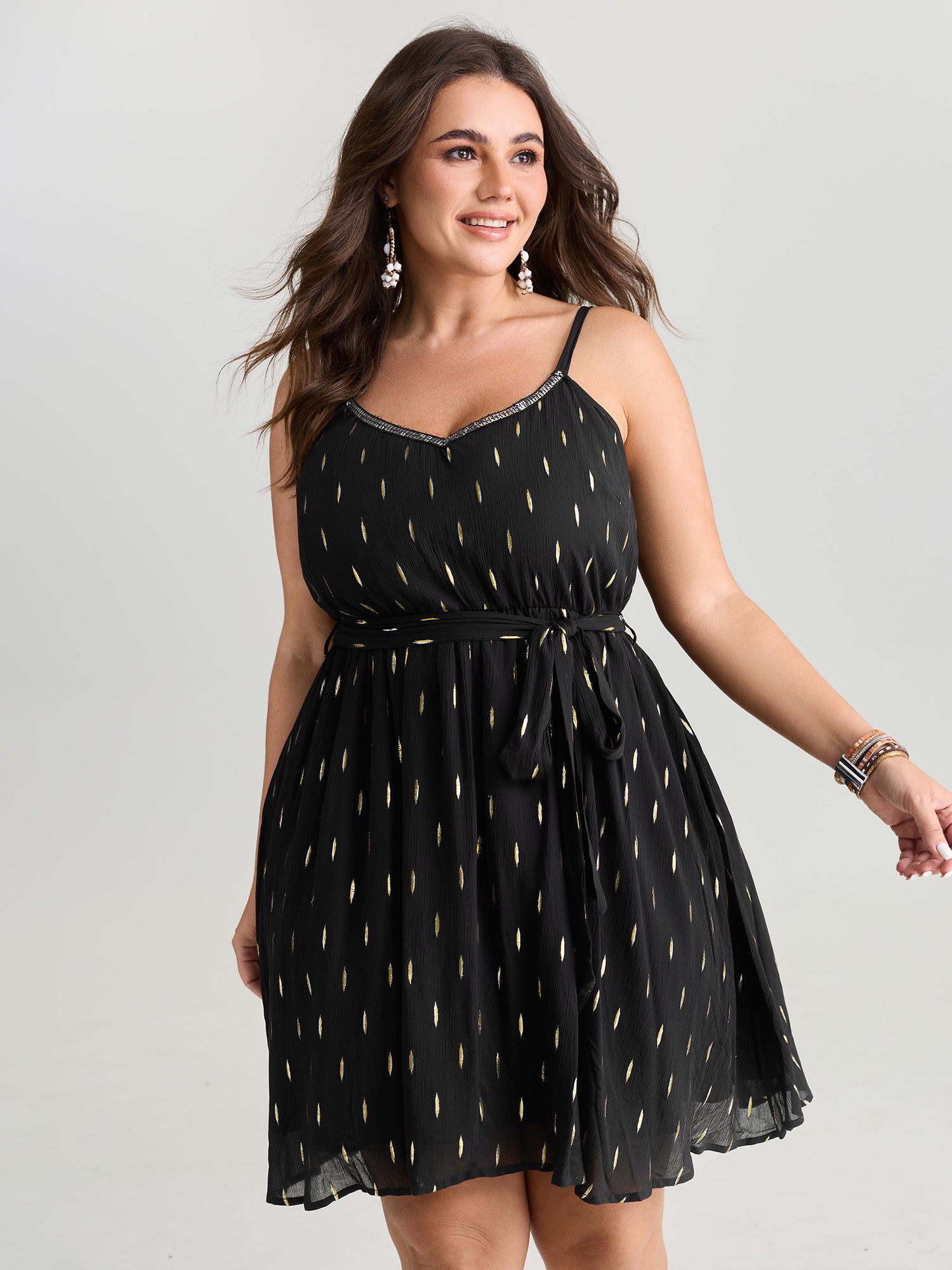 Sequin Neckline Textured Waist-Tie Mini Dress