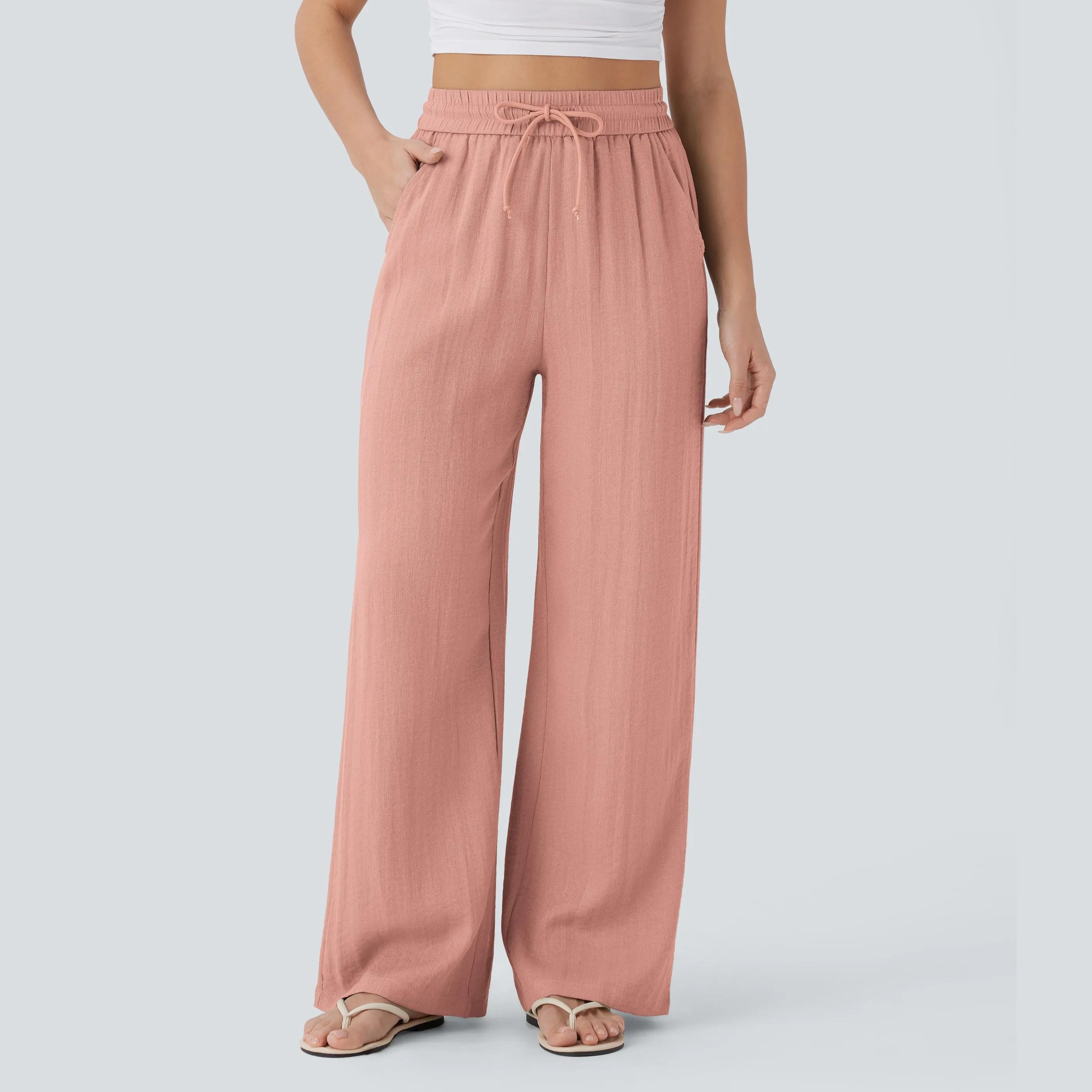 Women's High Waisted Wide Leg Pants – Linen-Feel Casual Drawstring with Pockets