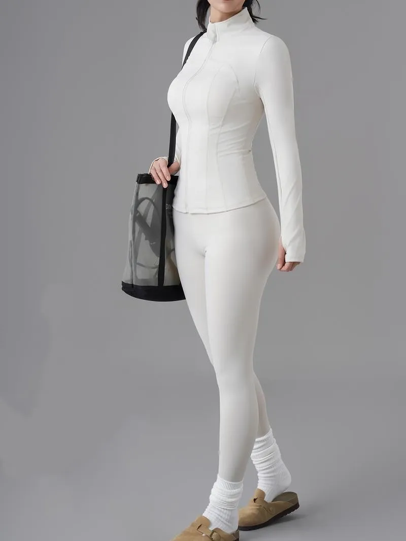 Women's Solid Zip Up Jacket & High Waist Leggings Tracksuit Set