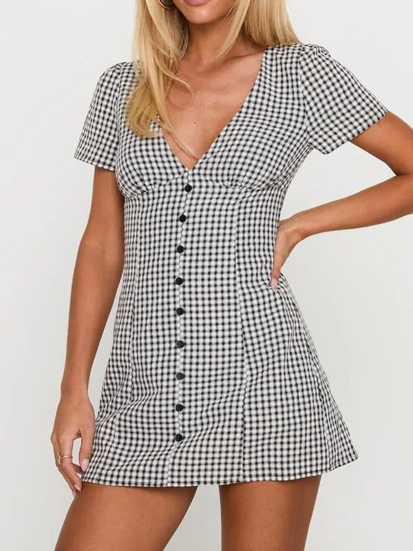 Women's Plaid Print Button Decor V Neck Shortsleeve (Just $4 Each!)