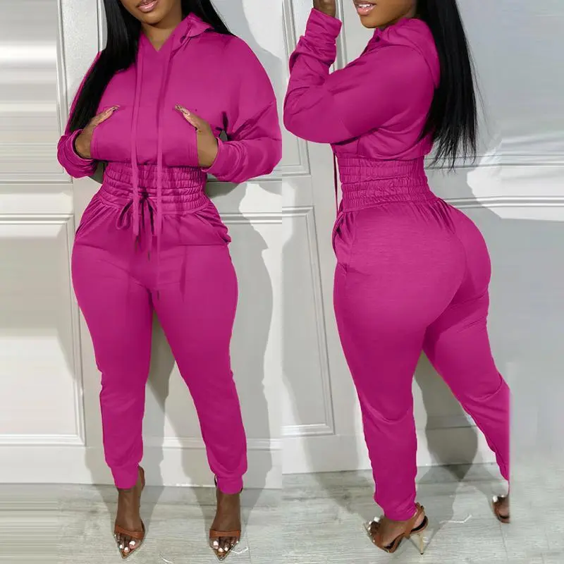 Womens 2 Piece Outfits Lounge Hoodie Shirred Waist Pocket Design Sweatshirt Cuffed Jogger Sweatpants Tracksuit