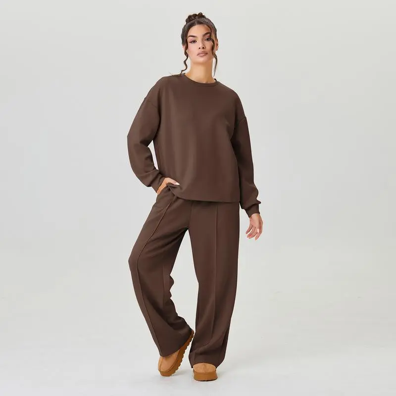 Women's Casual Solid Color Loose Long Sleeve Top & Exposed Stitches Trousers Co-ord