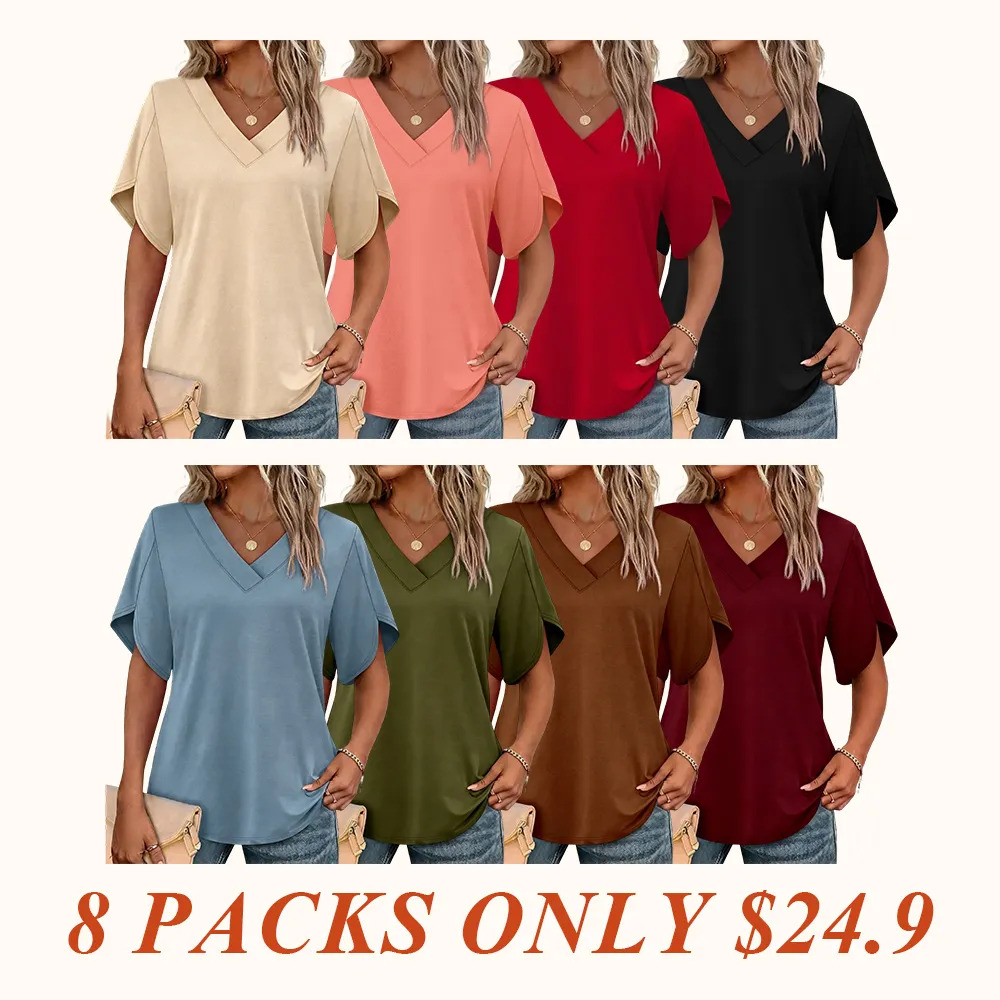 Womens Summer Tops Short Petal Sleeve Shirts Fashion V Neck Outfits Clothes