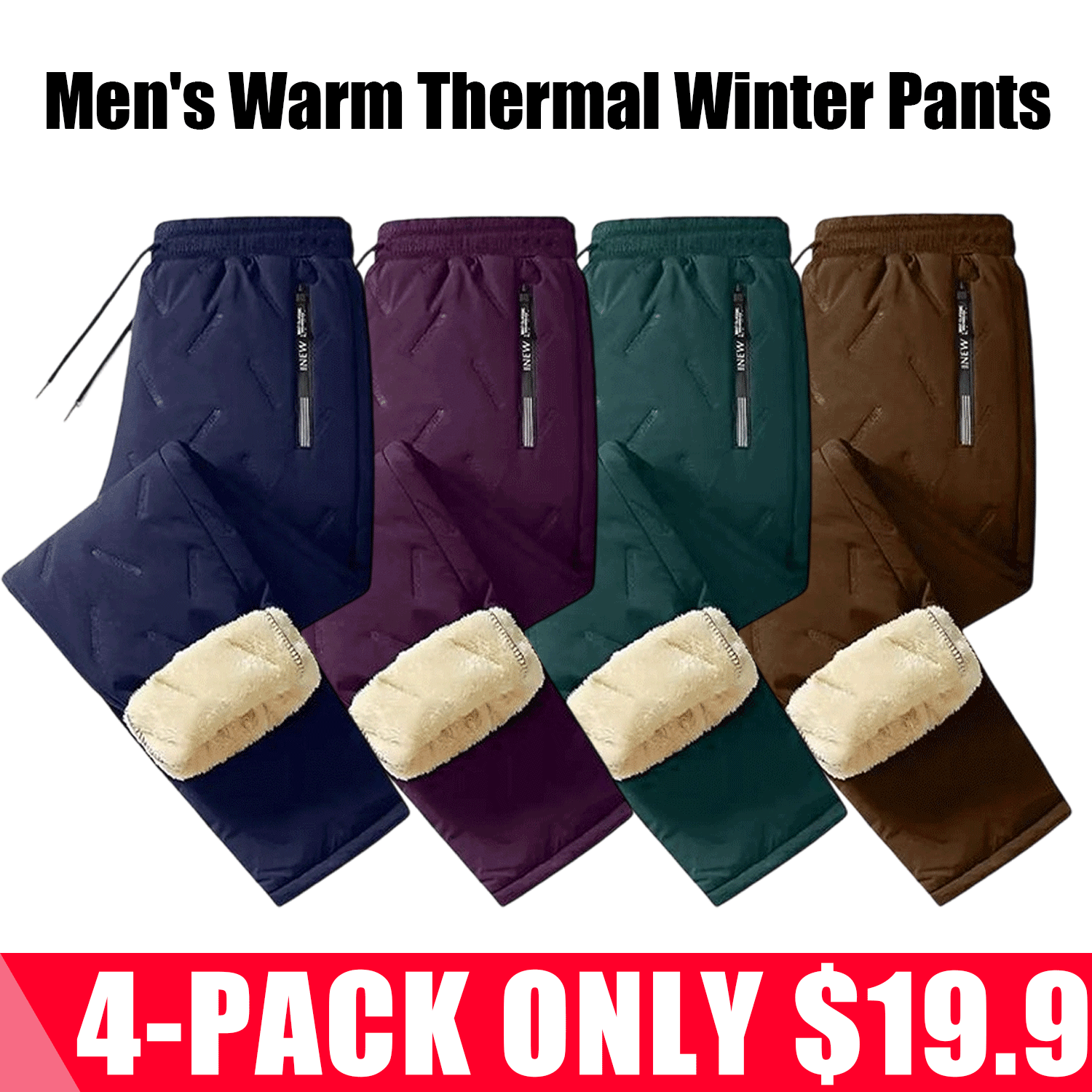Men's Warm Thermal Winter Pants with Zippered Pockets