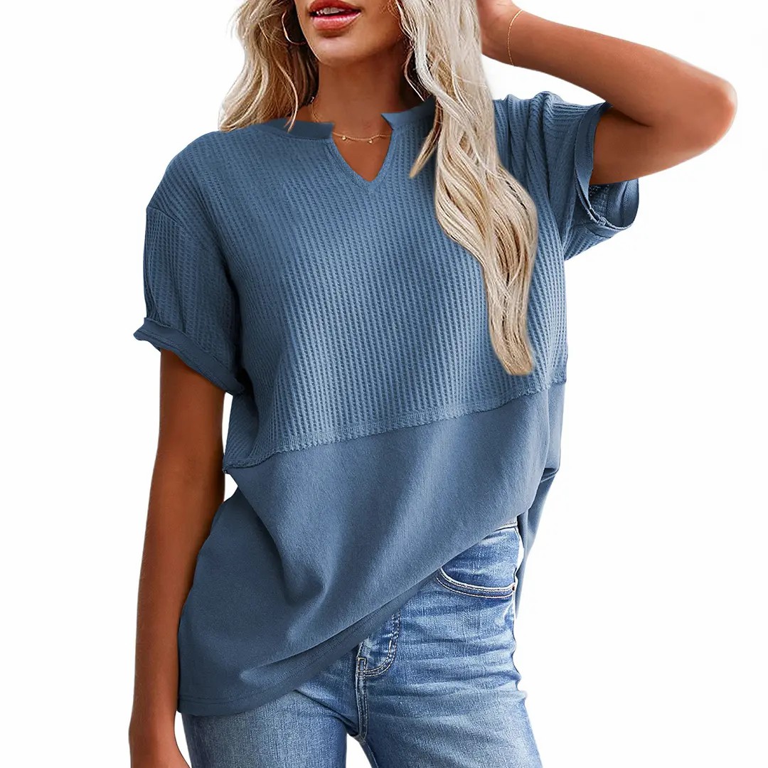 2026 Spring/Summer Cozy Oversized Waffle Knit V-Neck Short Sleeve Pullover Tunic