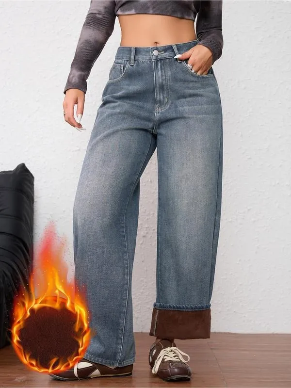 Women's Vintage Fleece-Lined Thickened Fall Winter Wide Leg Jeans