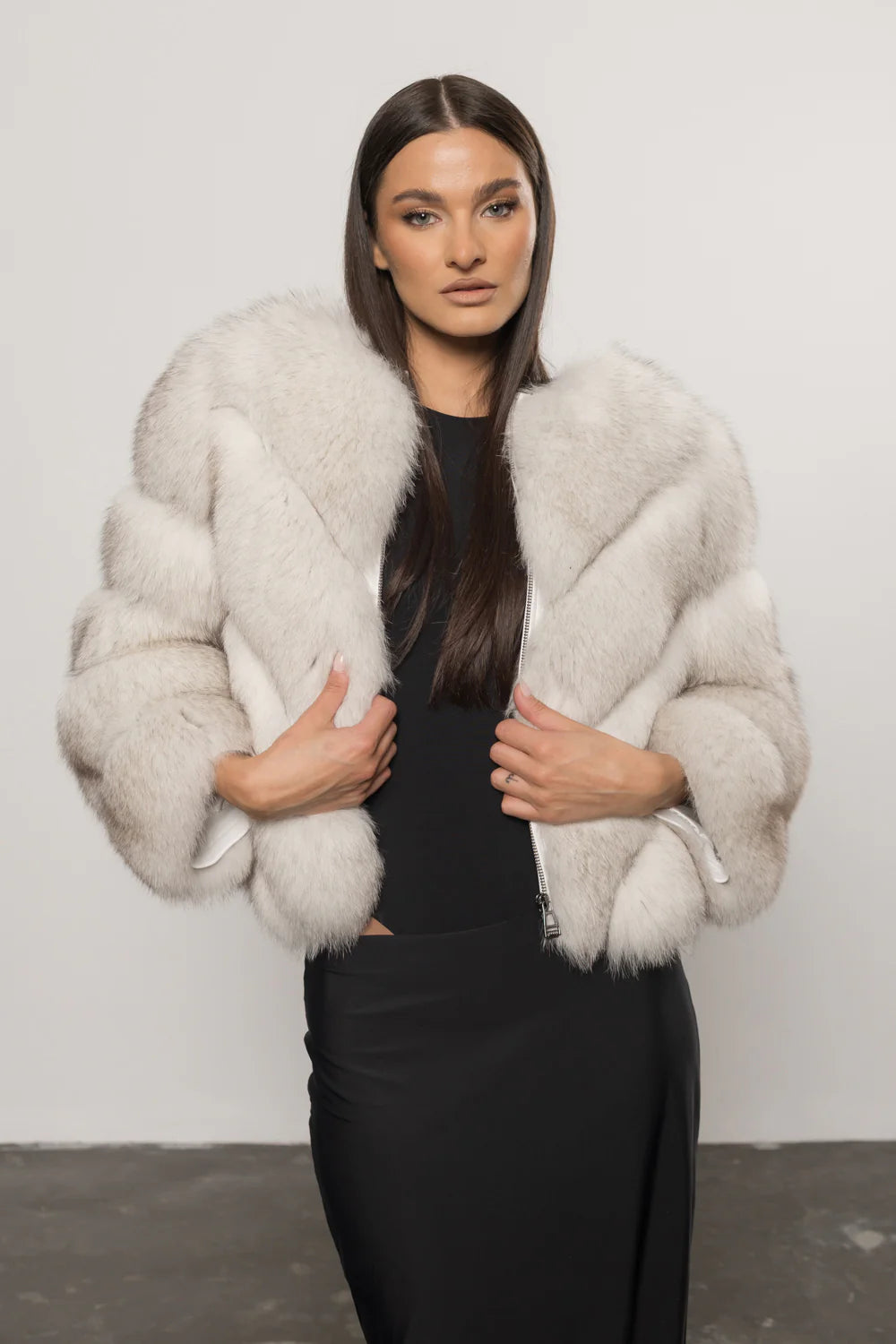 Haină din Blană Naturală de Vulpe Polară, Transformabilă, V Model, cu Glugă Detașabilă, Femei, Natural White 402