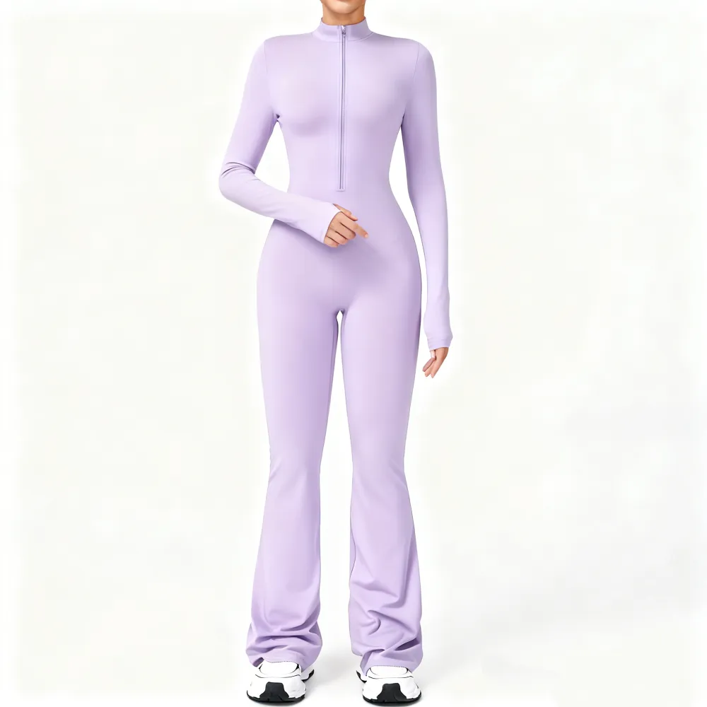 Women's Long Sleeve Flared Sports Jumpsuit - Zipper Jumpsuit