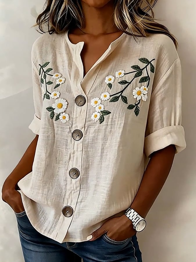 Women's Casual Embroidered Short-Sleeve Cotton-Linen Top