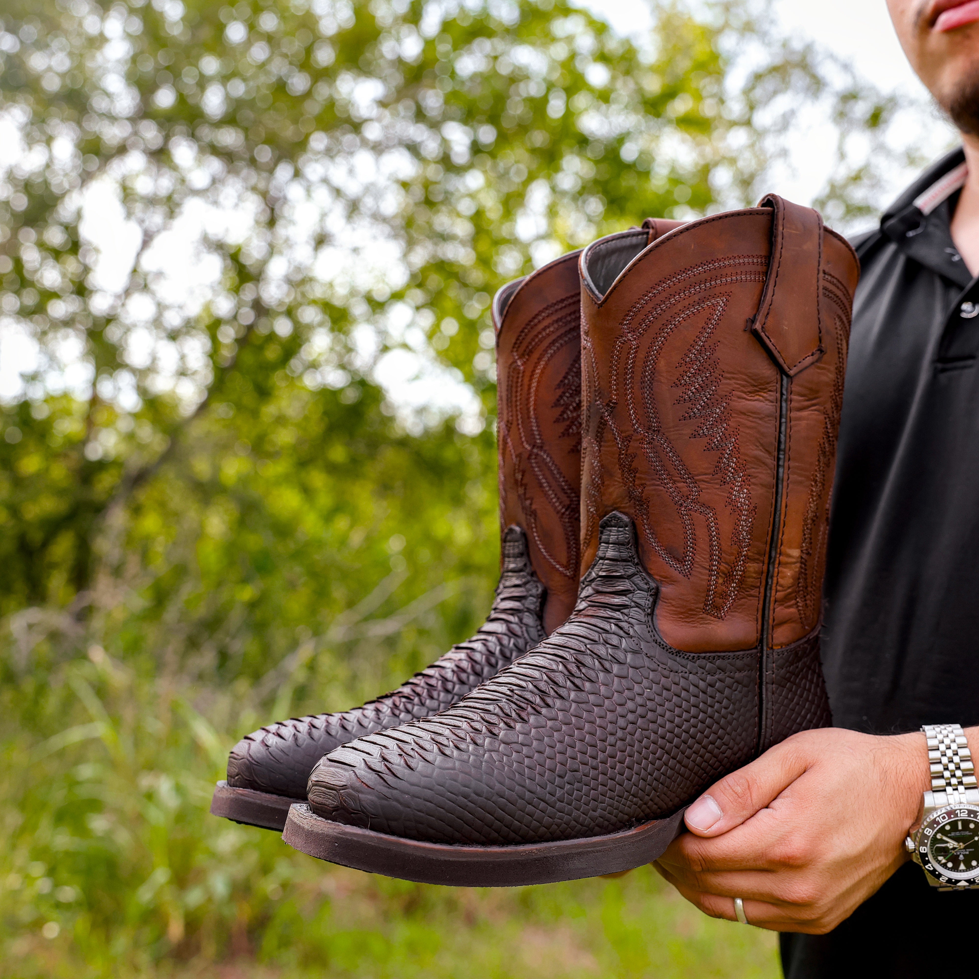 Matte Brown Python Leather Boots With Lightweight Soles - Square Toe