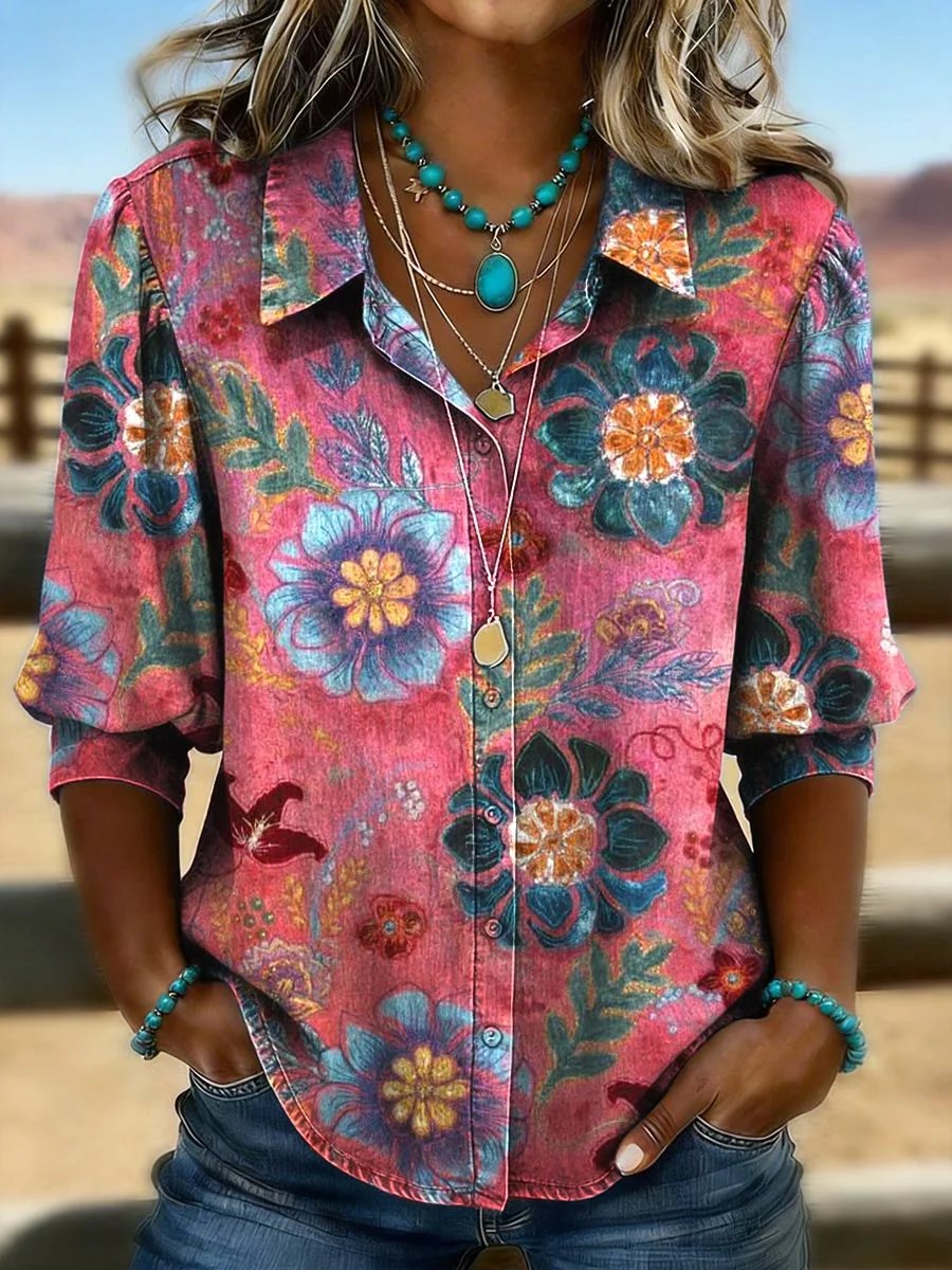 Retro Print Casual Puff Sleeve Shirt