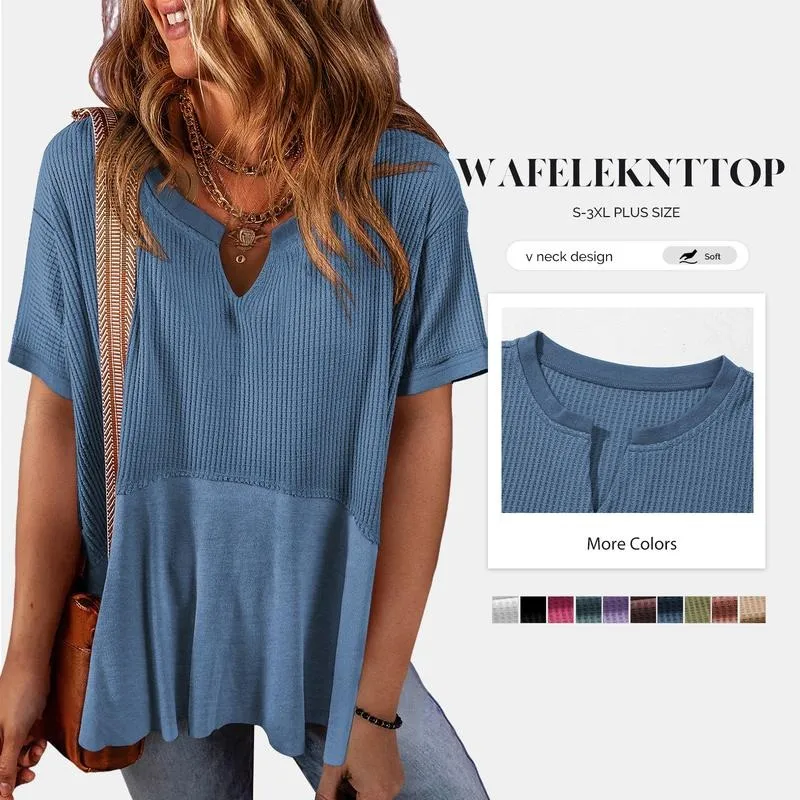 2026 Spring/Summer Cozy Oversized Waffle Knit V-Neck Top Women's Short Sleeve Pullover