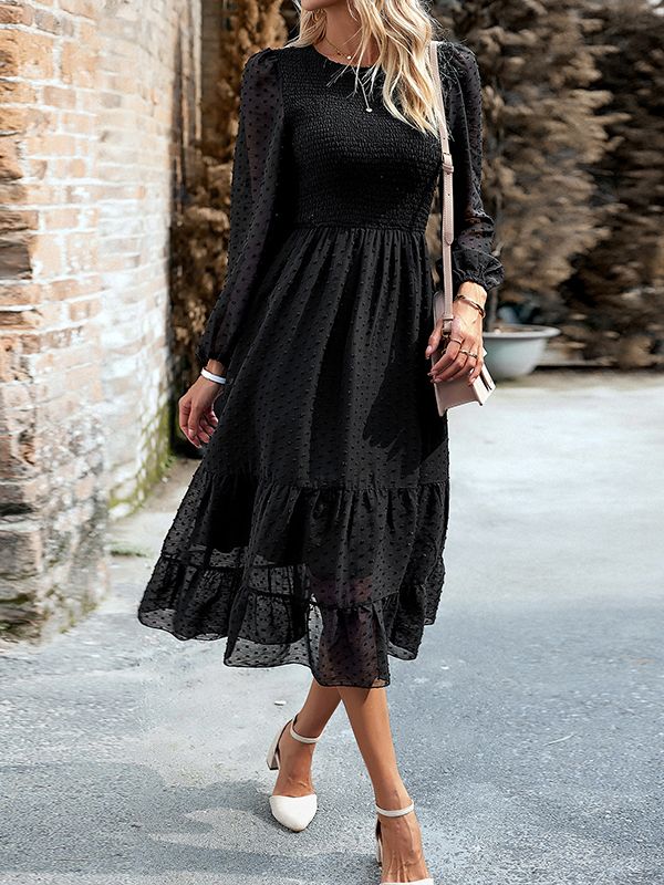 Elasticity Jacquard Solid Color Split-Joint A-Line Bishop Sleeve Round-Neck Midi Dresses