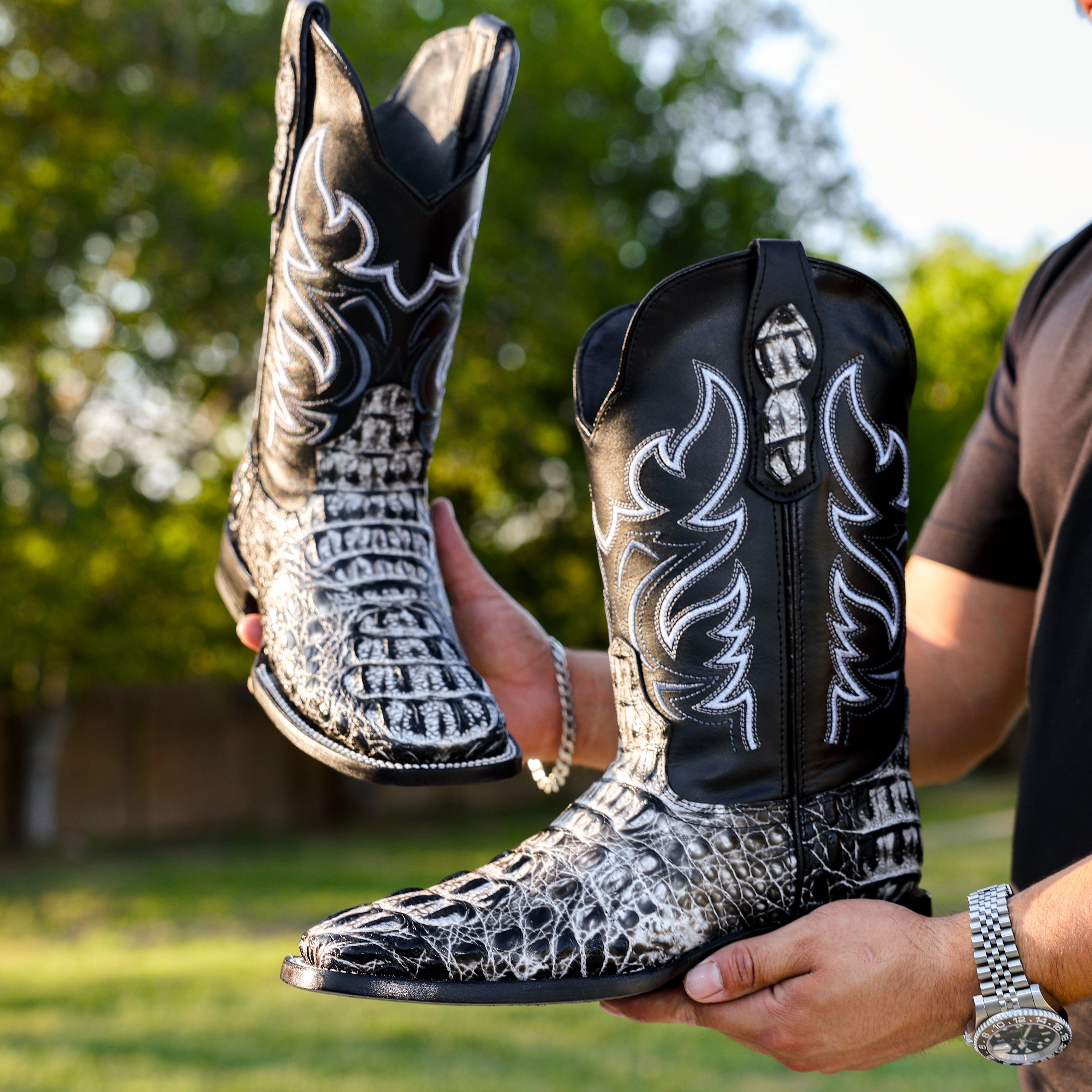 Eclipse Caiman Neck Leather Boots - Square Toe