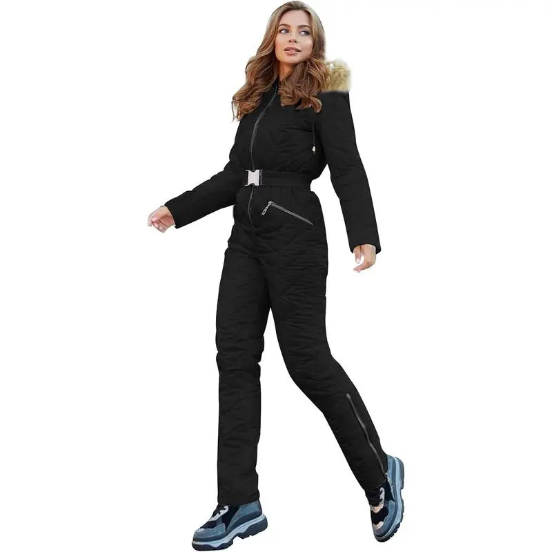 Women's Winter Ski Suit One-Piece Hooded Fur Collar Jumpsuit