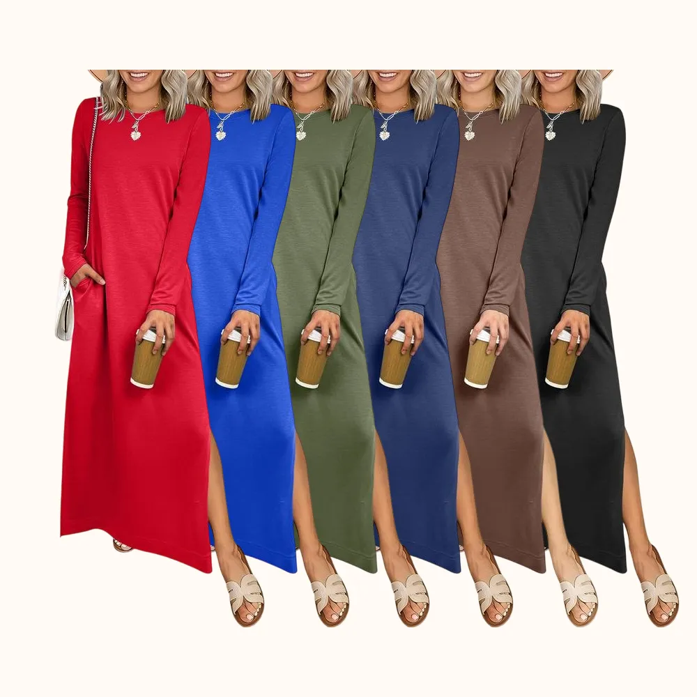 Women Long Sleeve Dresses 2026 Fall Casual Crewneck Loose Fit Split Flowy Wrinkle-Free Travel Vacation Maxi Dress
