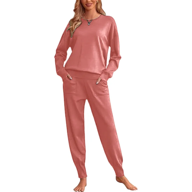 Women's Long Sleeve Knit Loungewear Set Jogger Pants Outfit