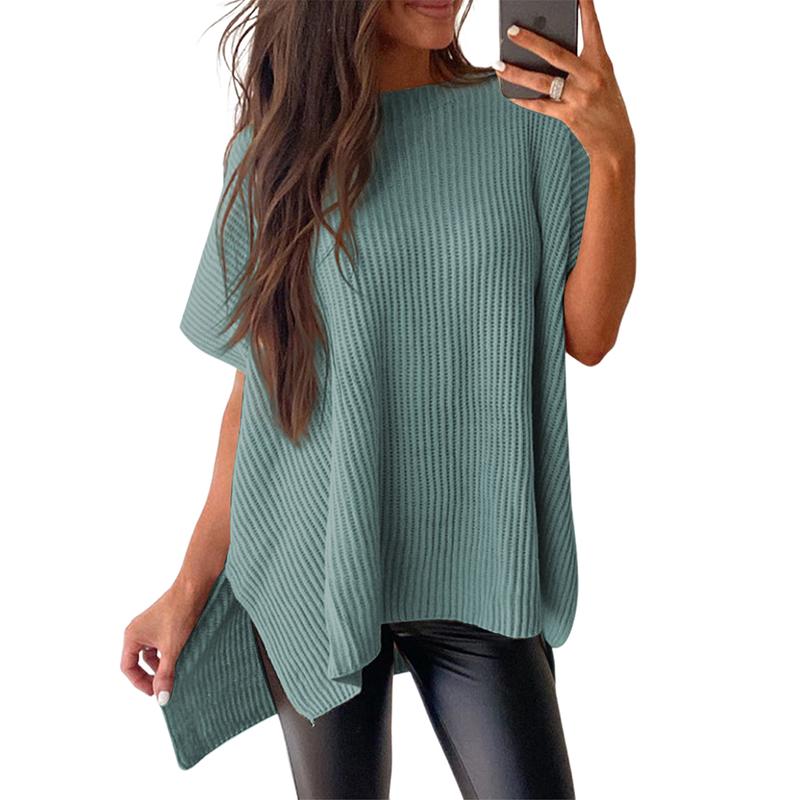 Women’s Oversized Ribbed Knit Top – Crew Neck Short Sleeve Pullover with Side Slit