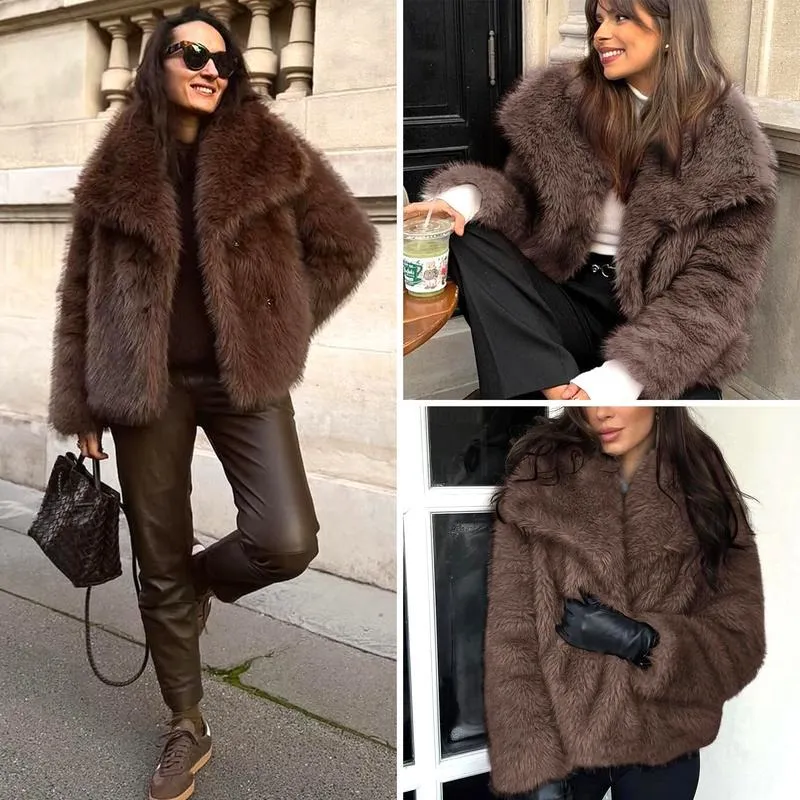 Women's Brown Faux Fur Coat Winter Fluffy Short Jacket