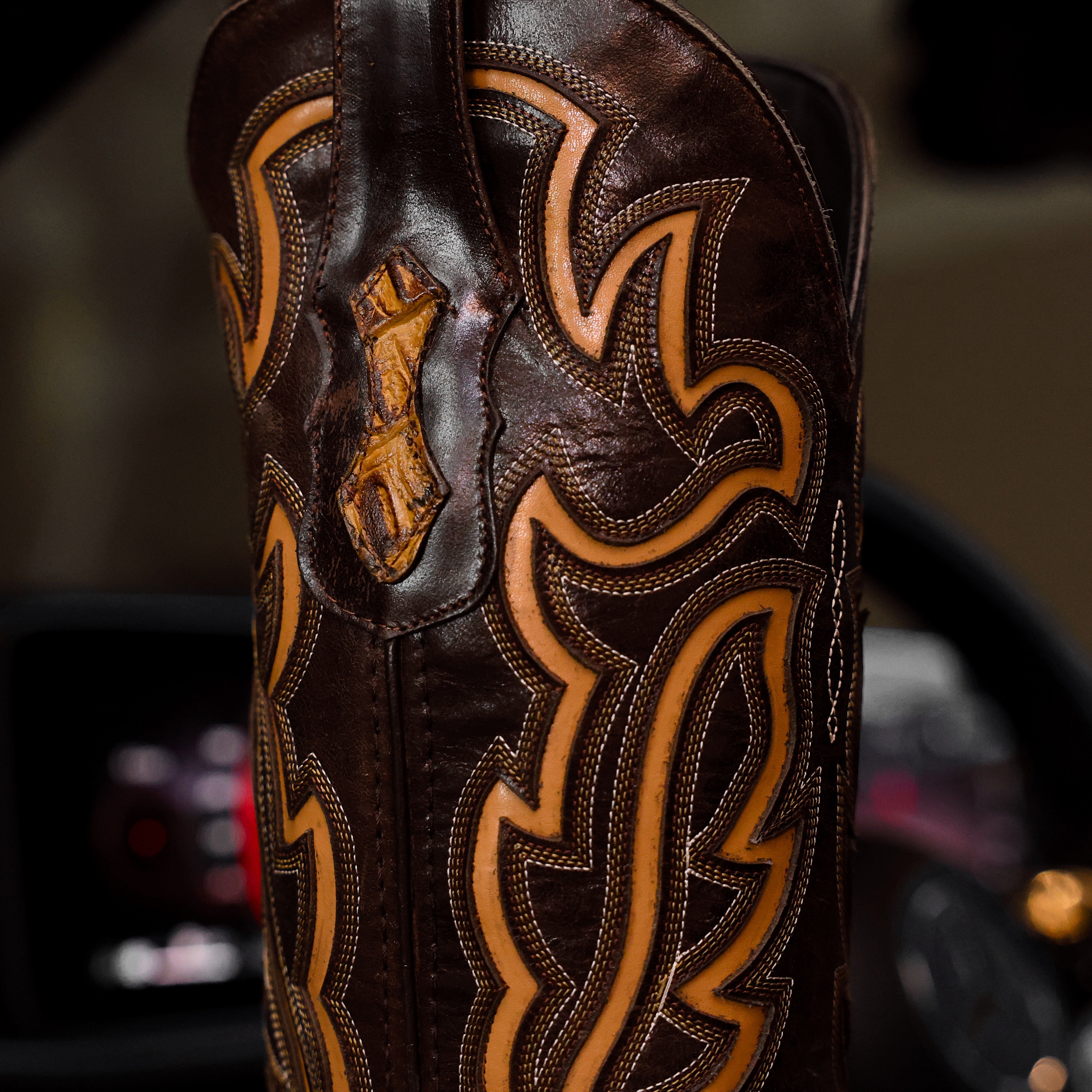 Honey Caiman Neck Leather Boots - Square Toe