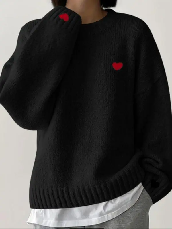 Women's Winter New Fashion Sweater, Embroidered Heart Knitwear