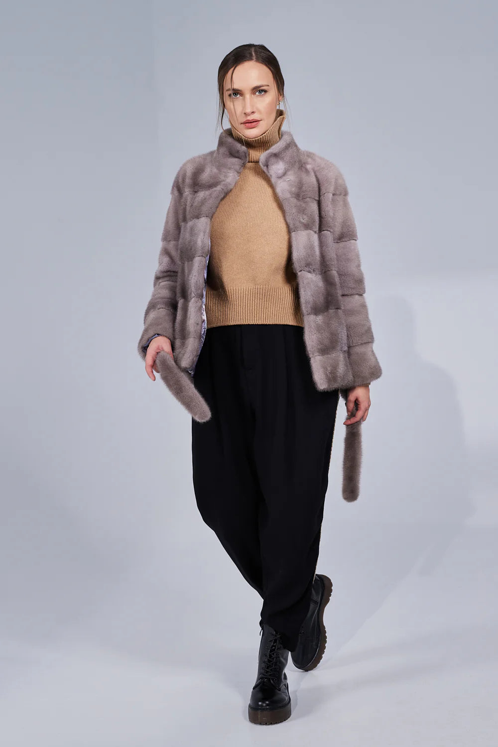 Haină din Blană Naturală de Vizon, cu Cordon, Femei, Silver Blue 194