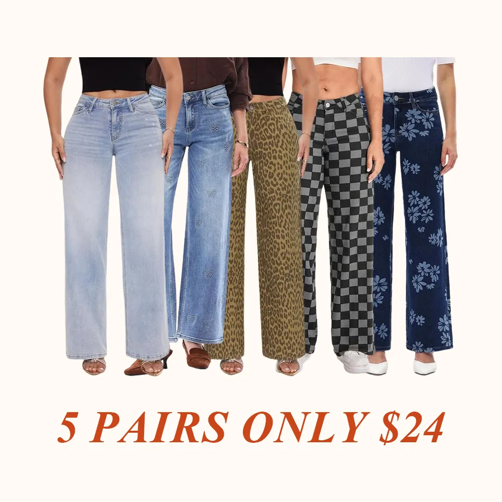 Mid-low Rise Baggy Jeans Stretchy Wide Leg for Women Distressed Pants