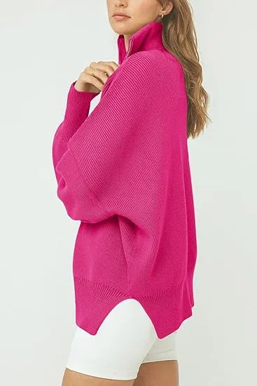 Women's Long Sleeve 14 Zip Oversized Ribbed Knit Tunic Sweater