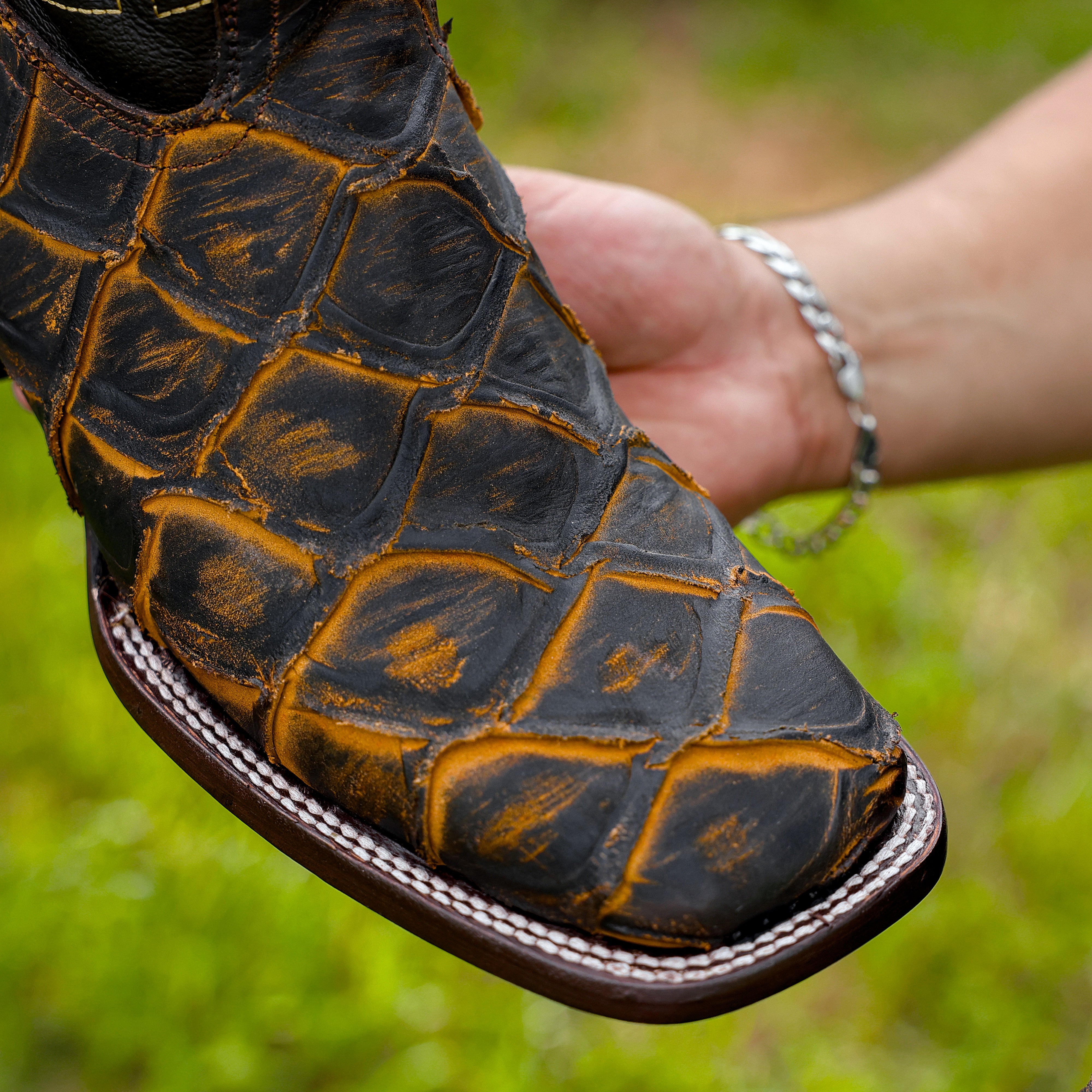 Matte Rustic Black/Honey Pirarucu Leather Boots - Square Toe