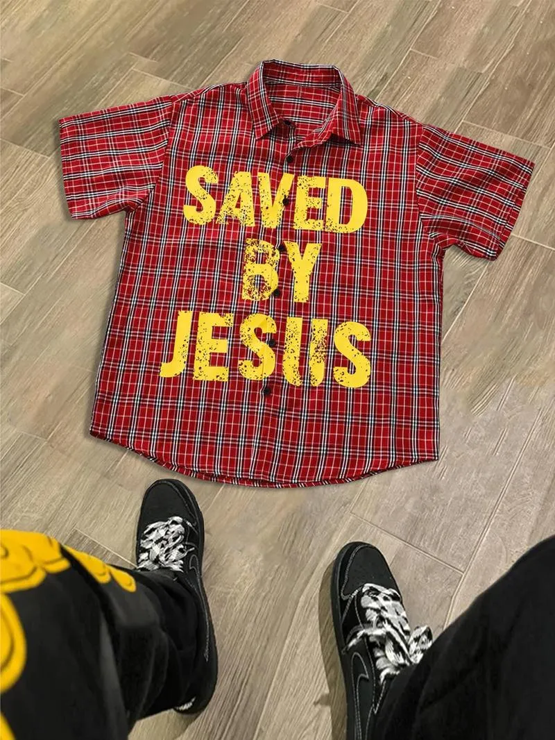 🔥5COLORS-$21 TODAY ONLY🔥 “SAVED BY JESUS” Plaid Shirt – Bold Faith Meets Everyday Style