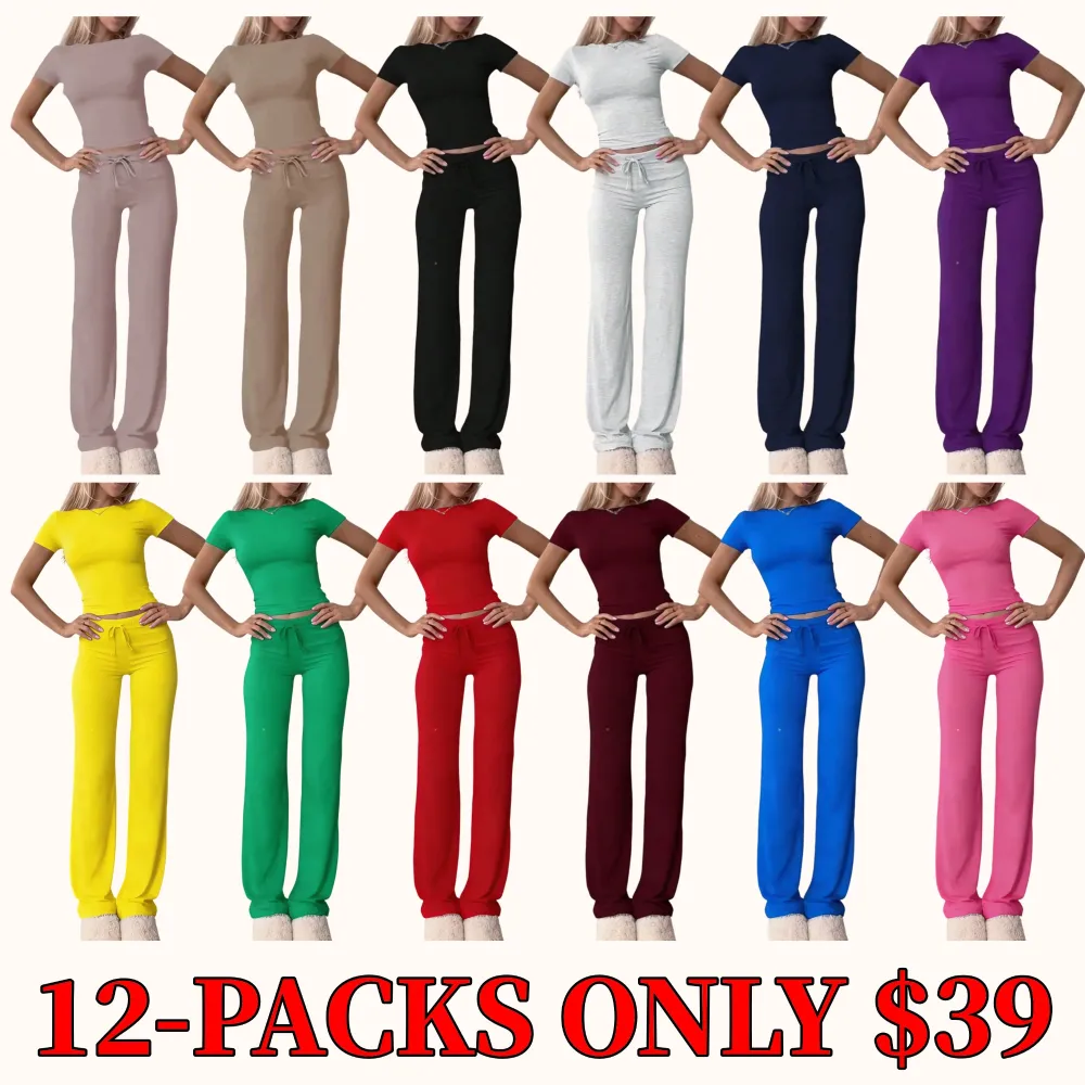 Women's solid color short-sleeved T-shirt and drawstring waist pants two-piece loungewear set