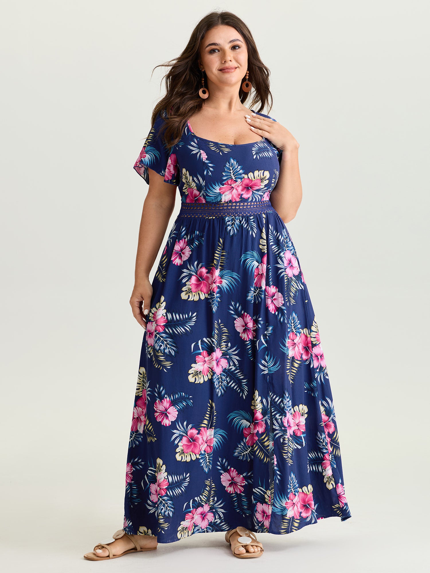 Large Floral Print Flowy Sleeve Maxi Dress