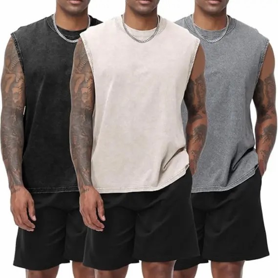 Men's Cotton Sleeveless Muscle Tank Tops Vintage Acid Wash Cutoff Loose Workout Tee Shirts