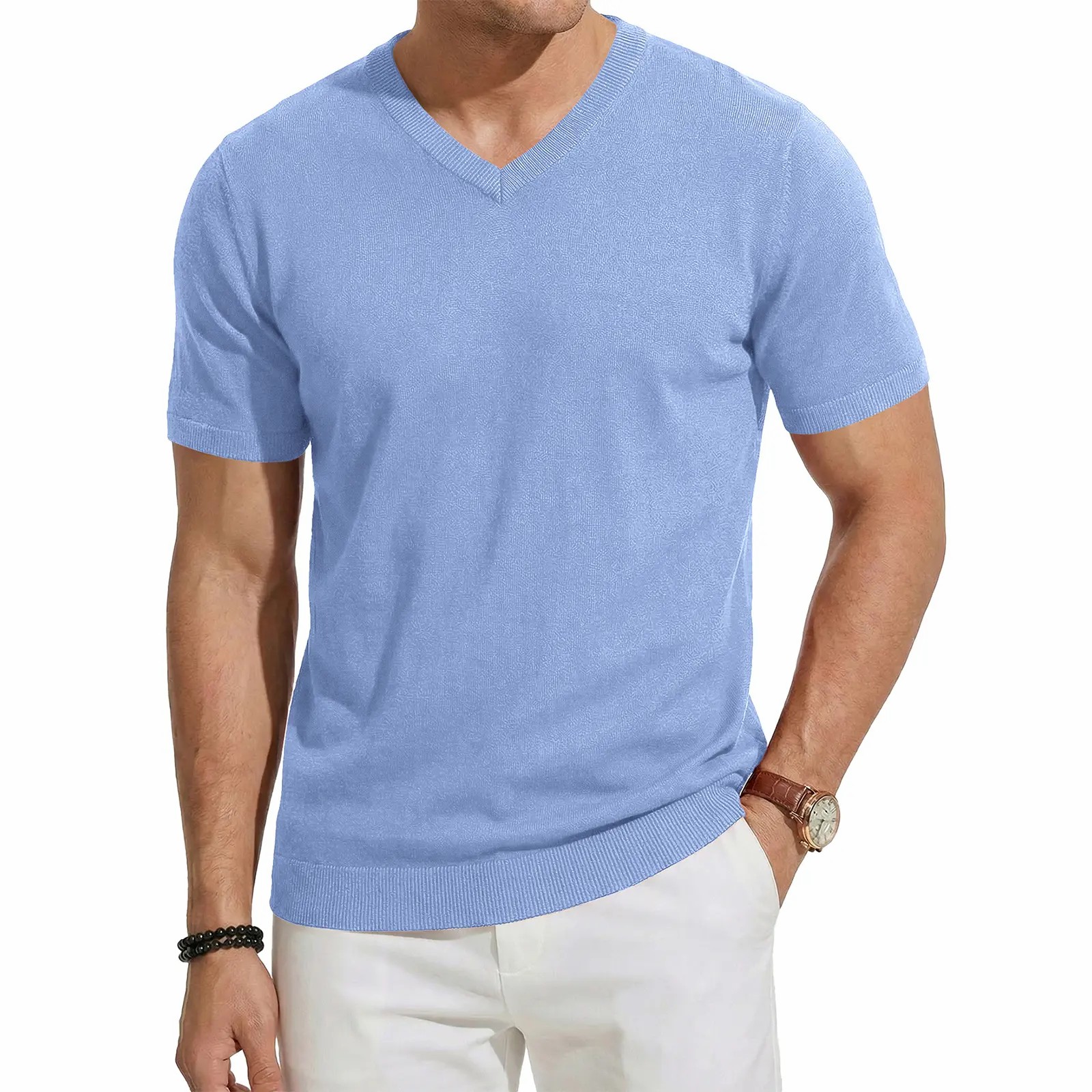Men's Wool Blend Short Sleeve V-Neck Sweater Soft Textured Knit Pullover for Business Casual Wear