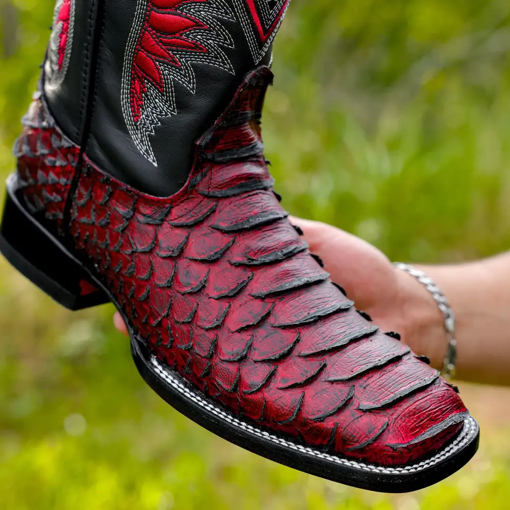 Black Cherry Python Leather Boots - Square Toe