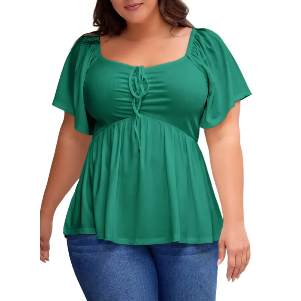 Women Plus Size Sweetheart Neck Short Sleeve Shirred Peplum Blouse Tops Shirts